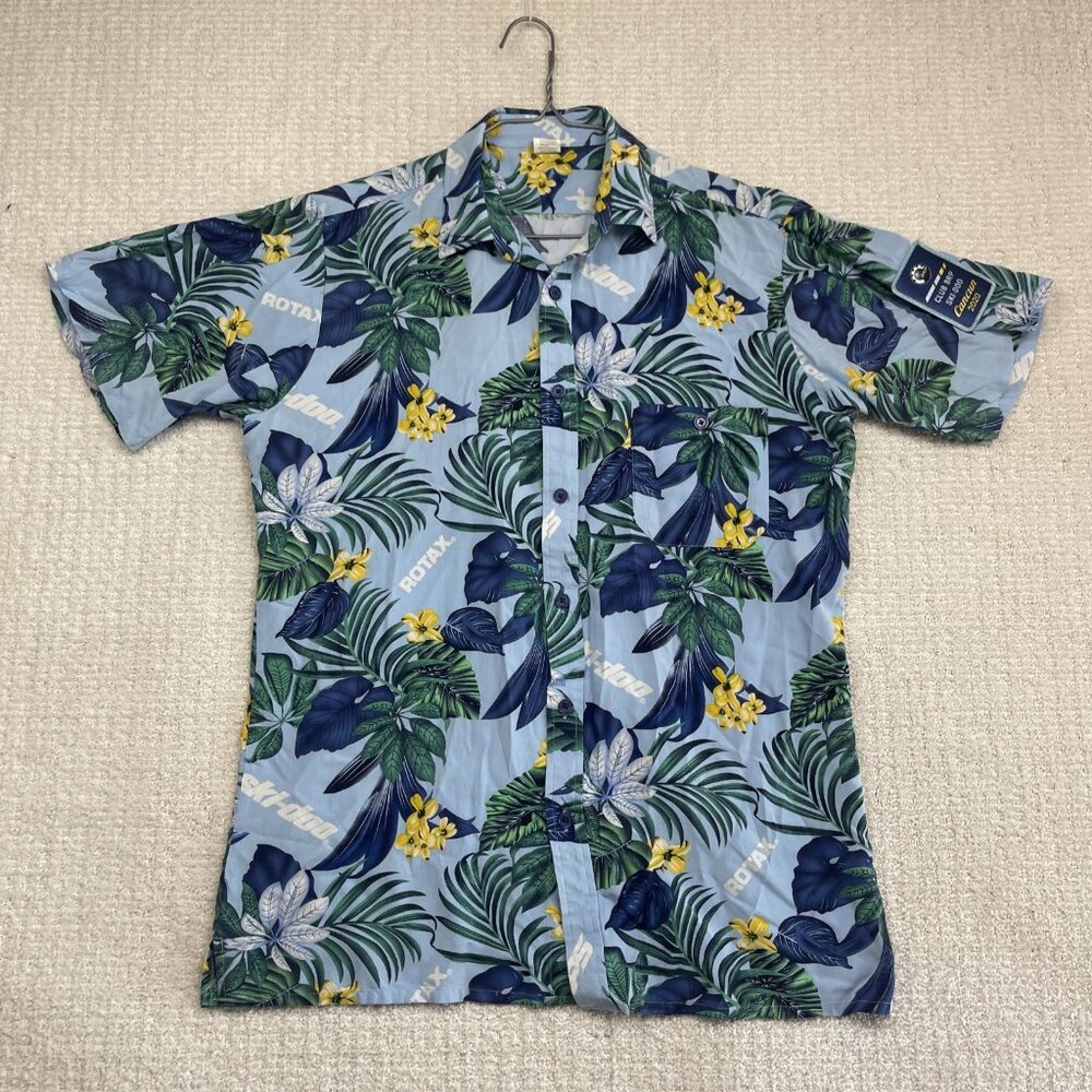 Ski-Doo Blue Button Shirt Men's M Bombardier Club Floral Hawaiian Shirt Summer
